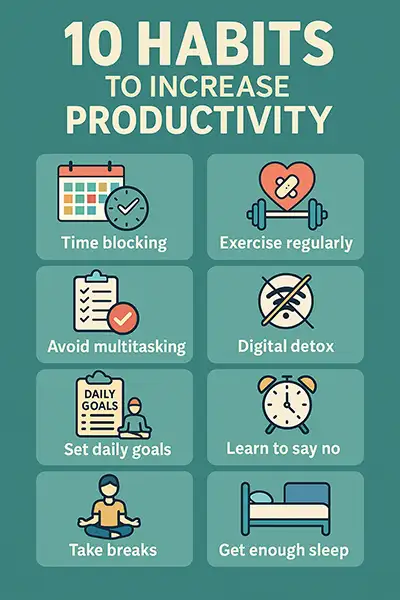 10 Proven Habits to Increase Productivity and Get More Done - cheat sheet infographic
