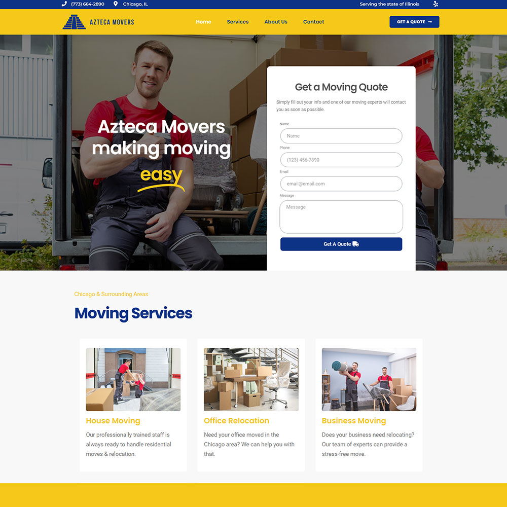 Azteca Movers website after the redesign
