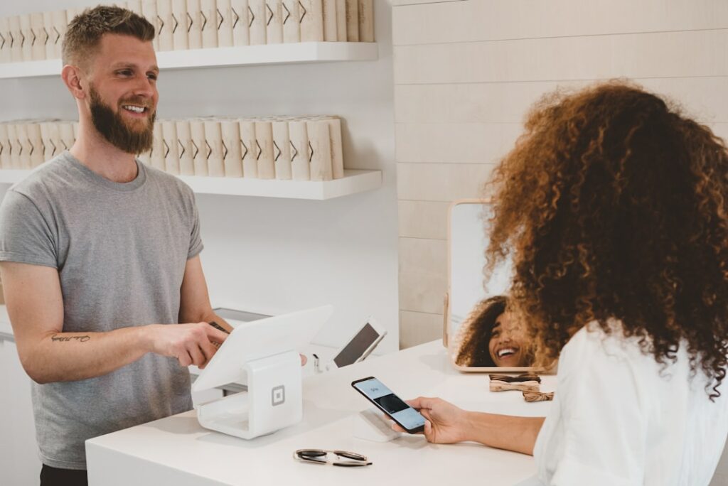 Credit card payment terminal at a small business checkout counter