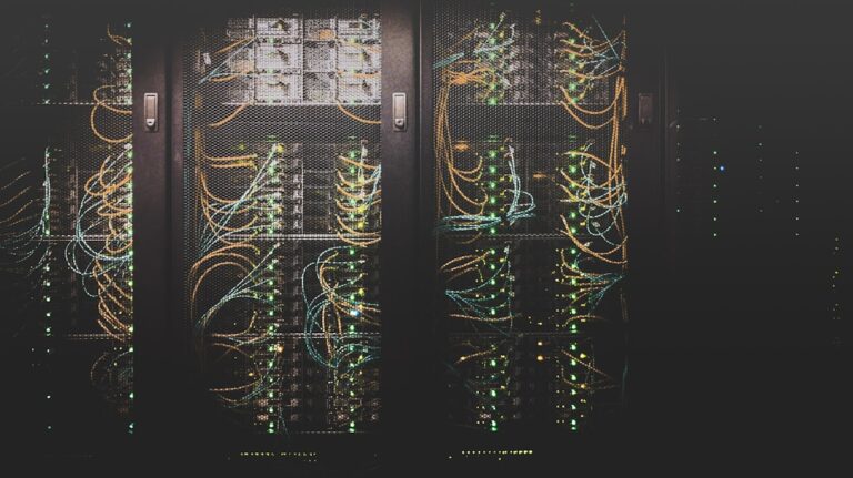 Server rack with blinking lights representing web hosting infrastructure
