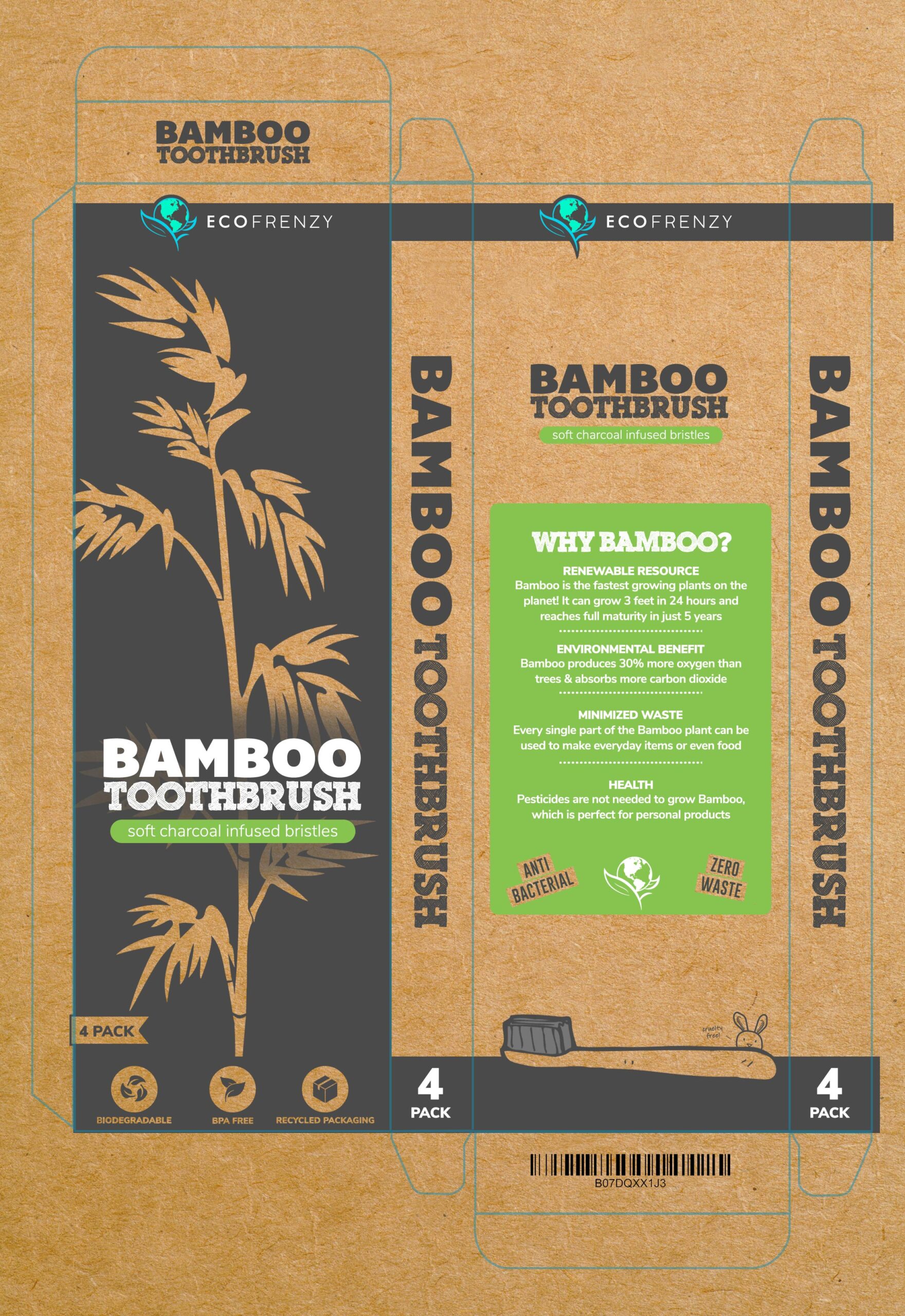 Eco Frenzy charcoal bristle toothbrush packaging design by Rocket Web Designer