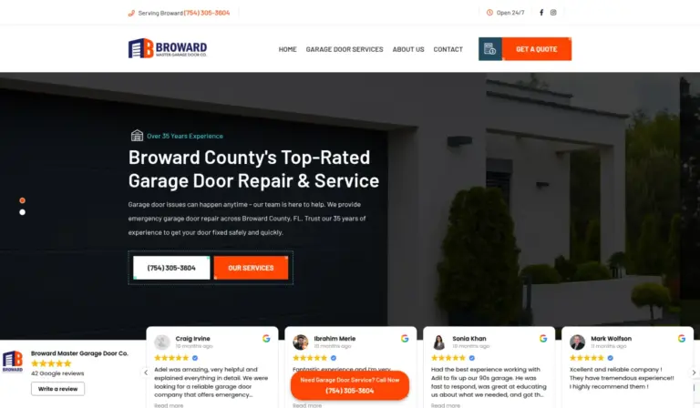 broward-master-garage hero website capture by Rocket Web Designer