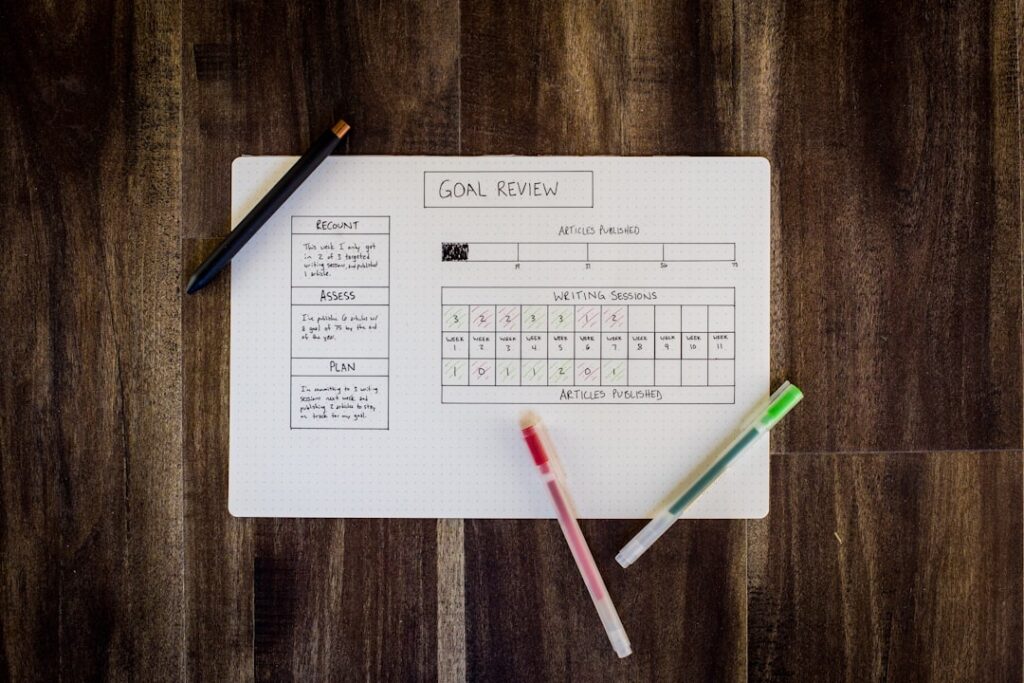 Person doing a weekly goals review in a planner