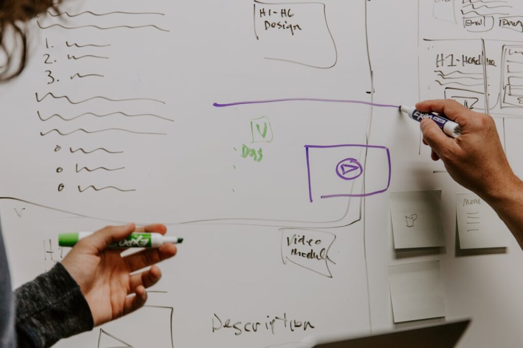 Business owner brainstorming pricing strategy on a whiteboard
