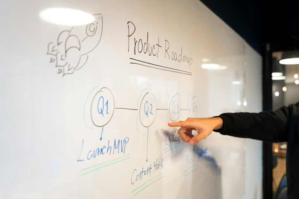 Business owner mapping out a growth strategy on a whiteboard